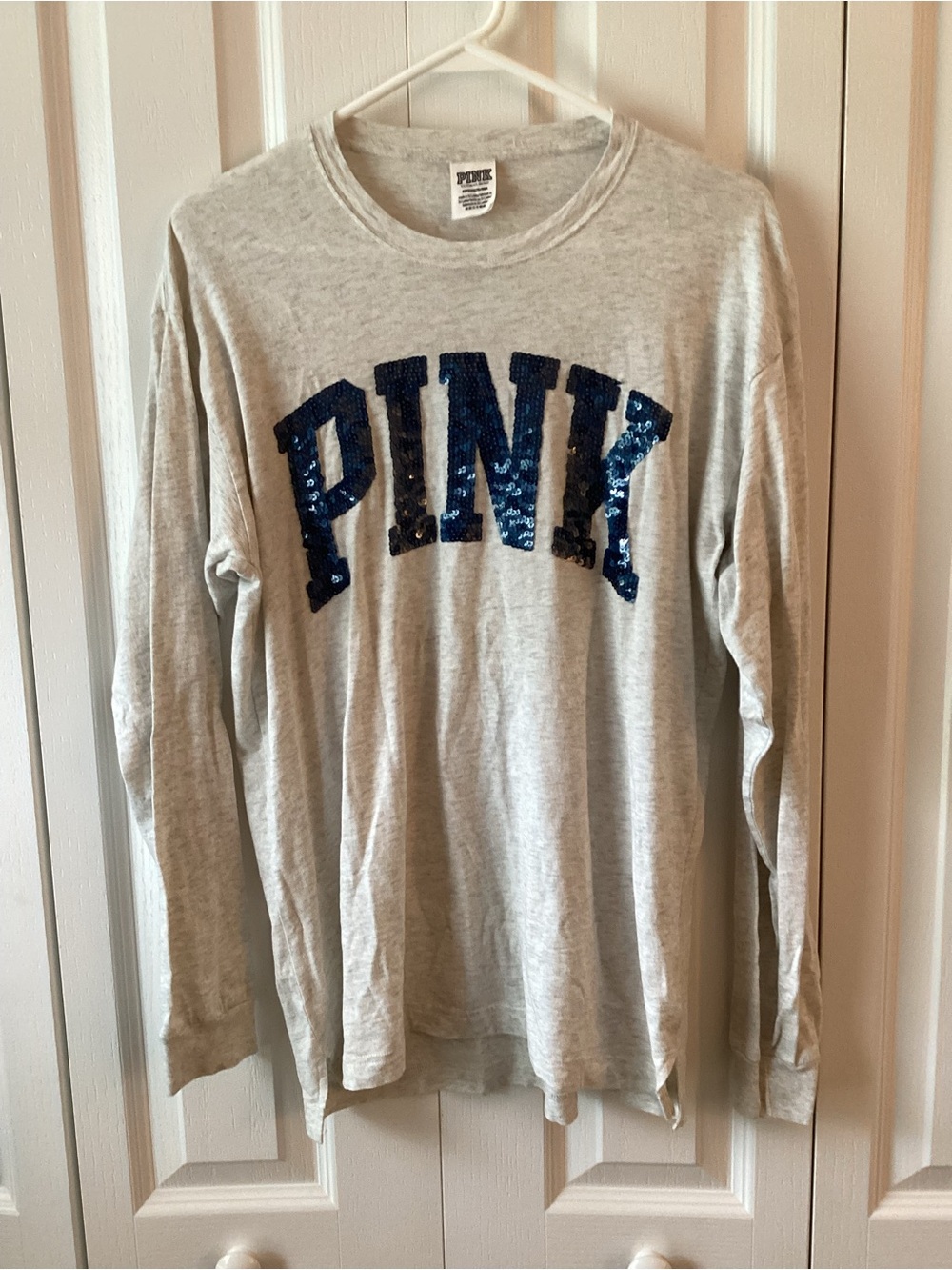 Victoria's Secret Pink Blue BLING SEQUIN~ Heather Gray Campus T Shirt S